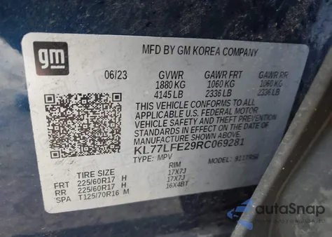 2024 Chevrolet Trax Fwd Sp из США, поврежденный, VIN KL77LFE29RC069281